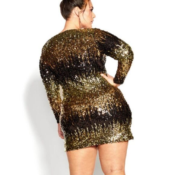 City Chic Women's Plus Size Mini Cocktail Dress Pull Over Gold Sequined S18 - Picture 2 of 4